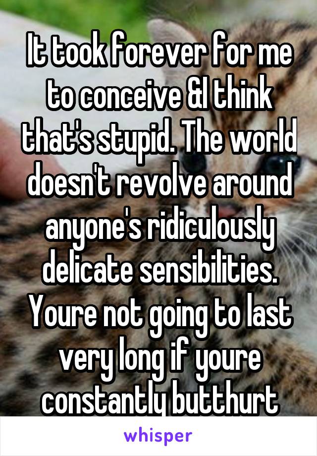 It took forever for me to conceive &I think that's stupid. The world doesn't revolve around anyone's ridiculously delicate sensibilities. Youre not going to last very long if youre constantly butthurt