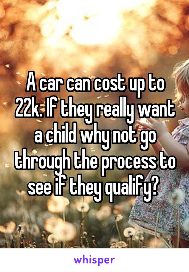 A car can cost up to 22k. If they really want a child why not go through the process to see if they qualify? 