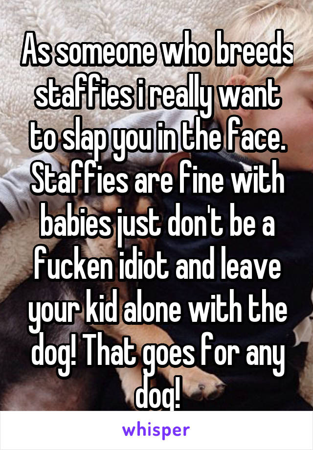 As someone who breeds staffies i really want to slap you in the face. Staffies are fine with babies just don't be a fucken idiot and leave your kid alone with the dog! That goes for any dog!