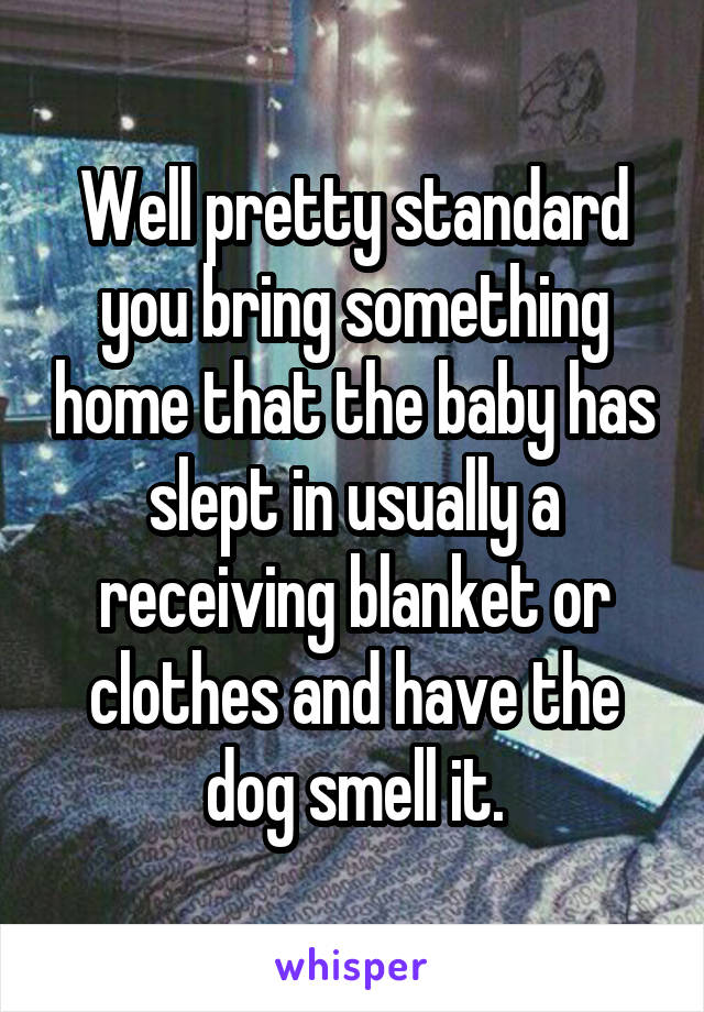 Well pretty standard you bring something home that the baby has slept in usually a receiving blanket or clothes and have the dog smell it.