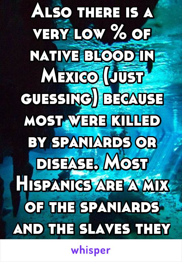 Also there is a very low % of native blood in Mexico (just guessing) because most were killed by spaniards or disease. Most Hispanics are a mix of the spaniards and the slaves they brought here. 