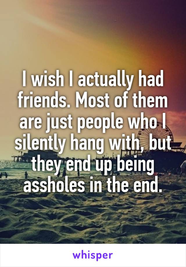 I wish I actually had friends. Most of them are just people who I silently hang with, but they end up being assholes in the end.