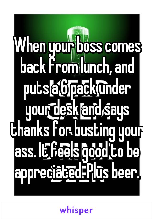 When your boss comes back from lunch, and puts a 6 pack under your desk and says thanks for busting your ass. It feels good to be appreciated. Plus beer.