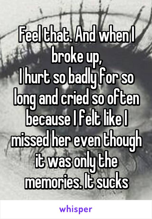 Feel that. And when I broke up,
I hurt so badly for so long and cried so often because I felt like I missed her even though it was only the memories. It sucks