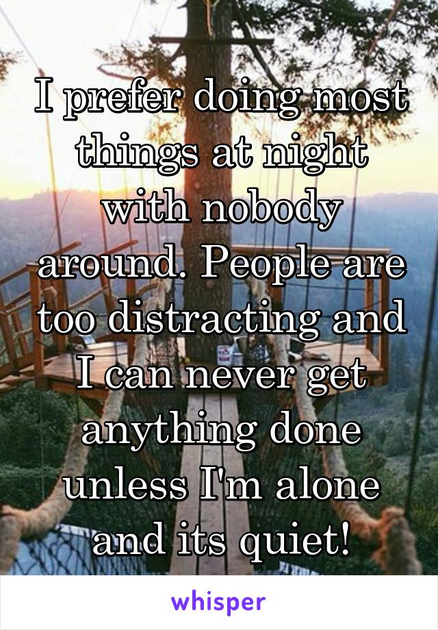 I prefer doing most things at night with nobody around. People are too distracting and I can never get anything done unless I'm alone and its quiet!