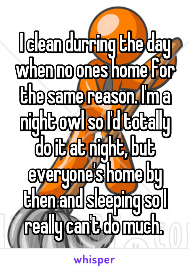 I clean durring the day when no ones home for the same reason. I'm a night owl so I'd totally do it at night, but everyone's home by then and sleeping so I really can't do much. 