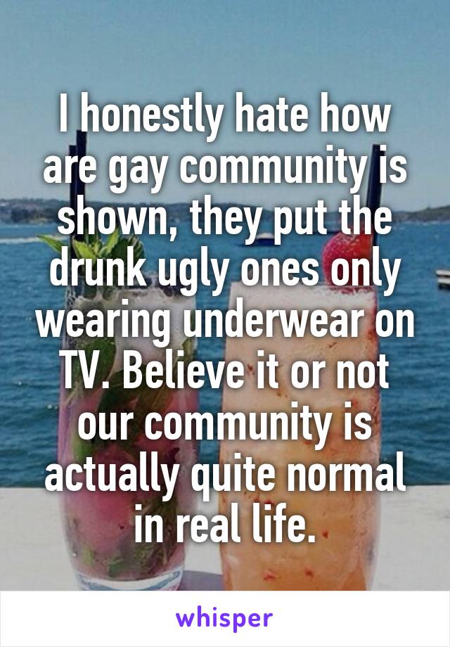 I honestly hate how are gay community is shown, they put the drunk ugly ones only wearing underwear on TV. Believe it or not our community is actually quite normal in real life.