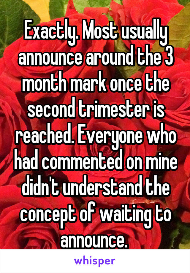 Exactly. Most usually announce around the 3 month mark once the second trimester is reached. Everyone who had commented on mine didn't understand the concept of waiting to announce. 