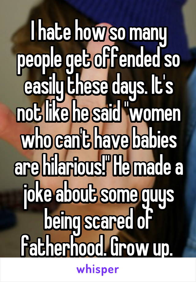 I hate how so many people get offended so easily these days. It's not like he said "women who can't have babies are hilarious!" He made a joke about some guys being scared of fatherhood. Grow up. 