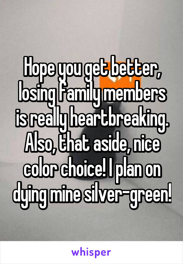 Hope you get better, losing family members is really heartbreaking.
Also, that aside, nice color choice! I plan on dying mine silver-green!