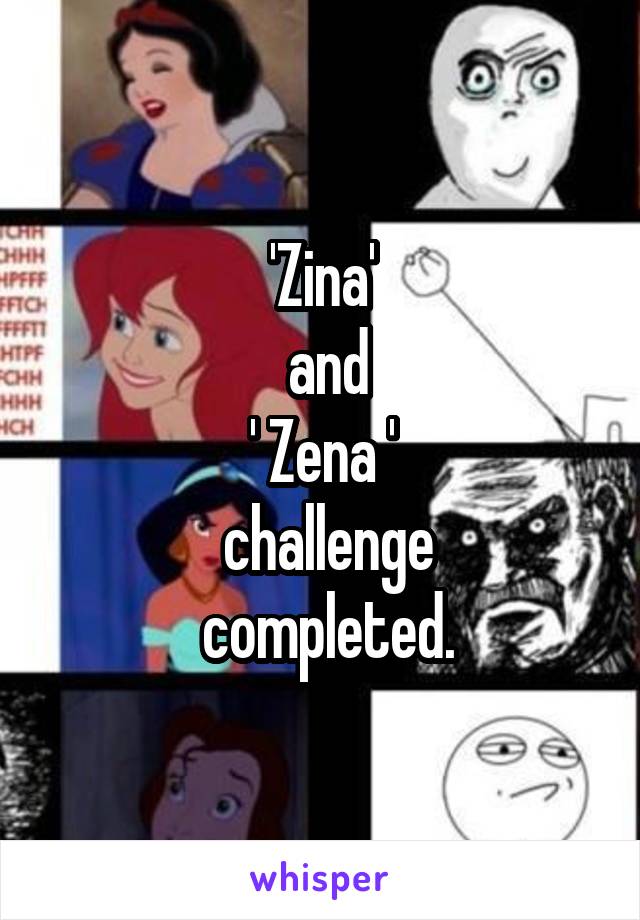 'Zina'
 and
' Zena '
 challenge
 completed.