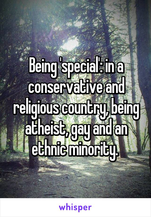 Being 'special': in a conservative and religious country, being atheist, gay and an ethnic minority. 