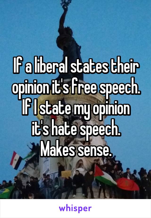 If a liberal states their opinion it's free speech.
If I state my opinion it's hate speech.
Makes sense.