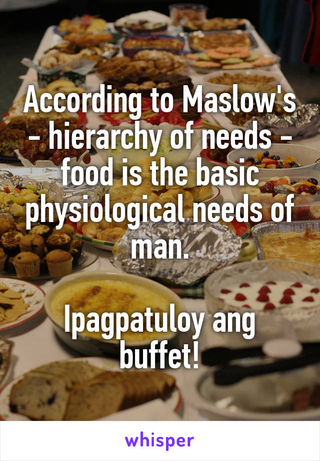 According to Maslow's - hierarchy of needs - food is the basic physiological needs of man.

Ipagpatuloy ang buffet!