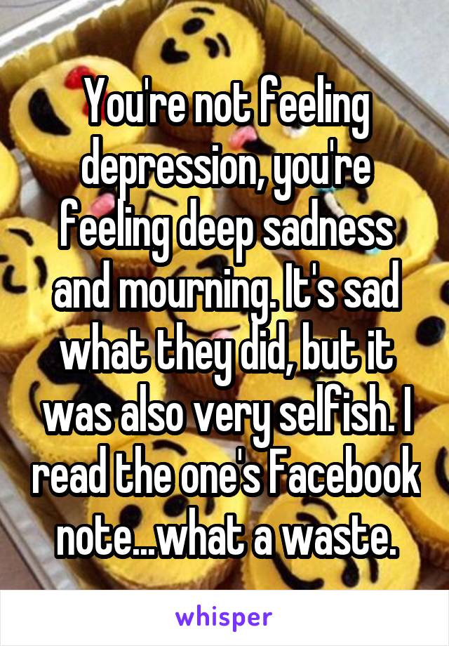 You're not feeling depression, you're feeling deep sadness and mourning. It's sad what they did, but it was also very selfish. I read the one's Facebook note...what a waste.