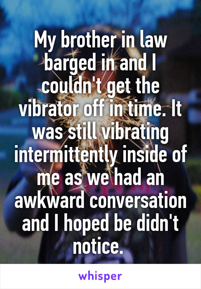 My brother in law barged in and I couldn't get the vibrator off in time. It was still vibrating intermittently inside of me as we had an awkward conversation and I hoped be didn't notice. 
