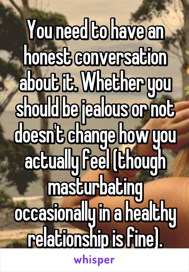 You need to have an honest conversation about it. Whether you should be jealous or not doesn't change how you actually feel (though masturbating occasionally in a healthy relationship is fine).