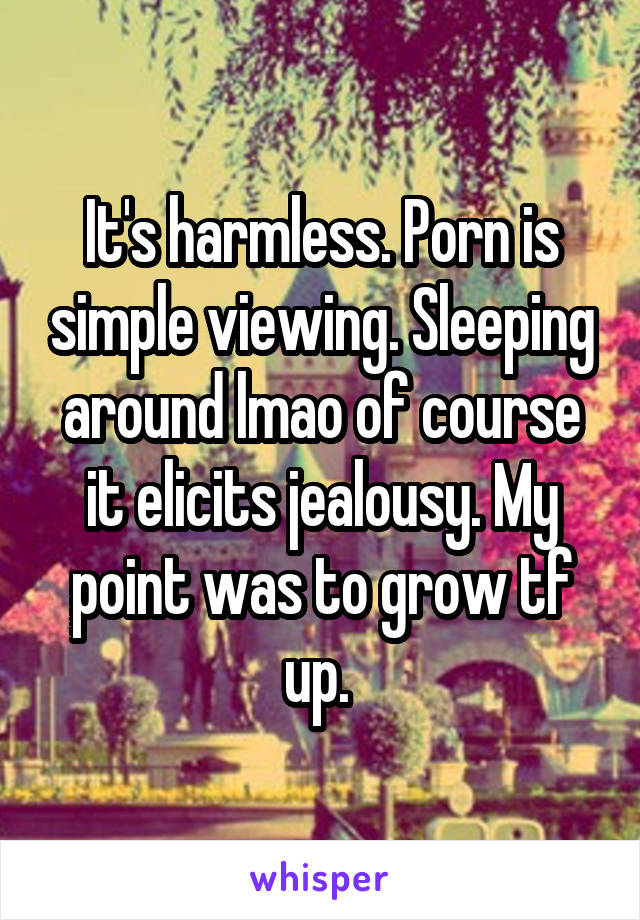 It's harmless. Porn is simple viewing. Sleeping around lmao of course it elicits jealousy. My point was to grow tf up. 