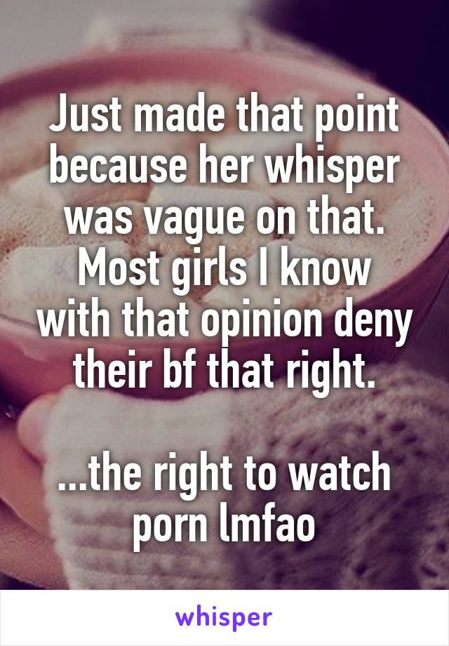 Just made that point because her whisper was vague on that.
Most girls I know with that opinion deny their bf that right.

...the right to watch porn lmfao