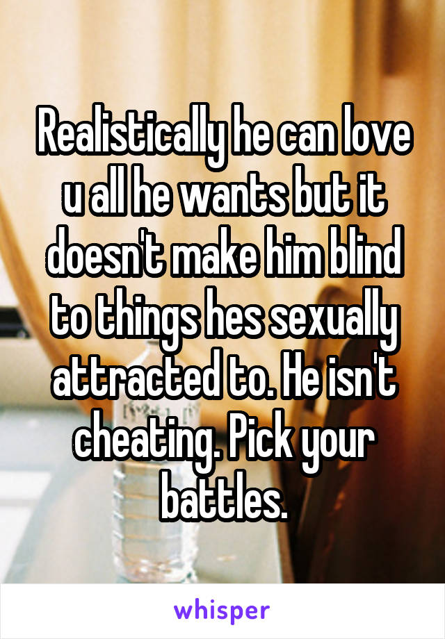 Realistically he can love u all he wants but it doesn't make him blind to things hes sexually attracted to. He isn't cheating. Pick your battles.