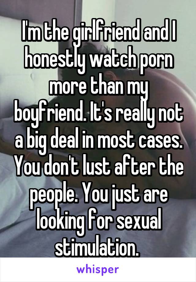 I'm the girlfriend and I honestly watch porn more than my boyfriend. It's really not a big deal in most cases. You don't lust after the people. You just are looking for sexual stimulation. 