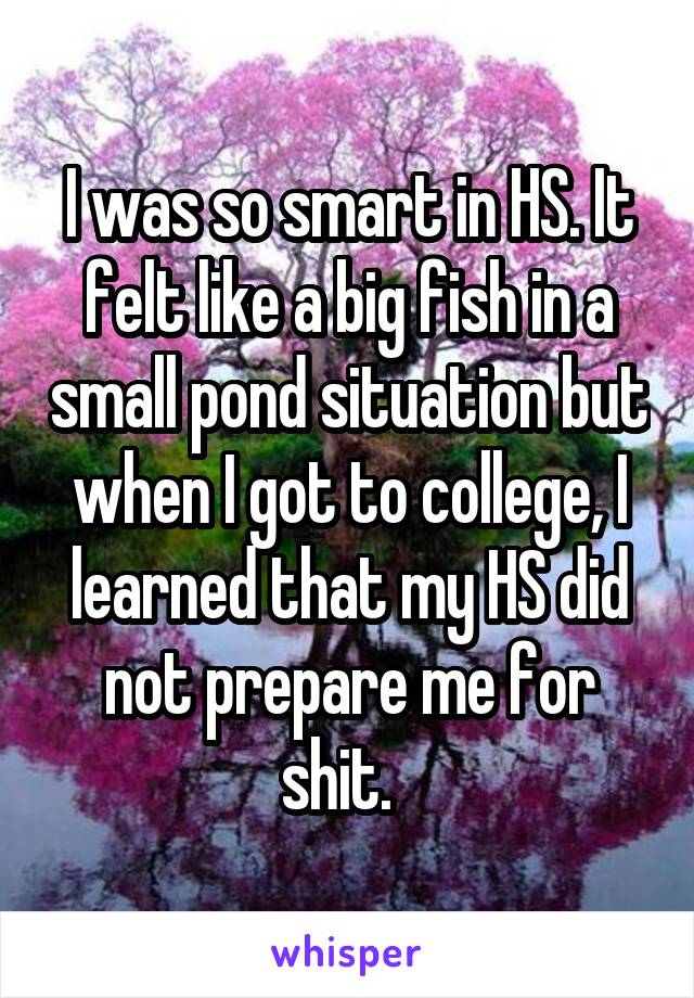 I was so smart in HS. It felt like a big fish in a small pond situation but when I got to college, I learned that my HS did not prepare me for shit.  