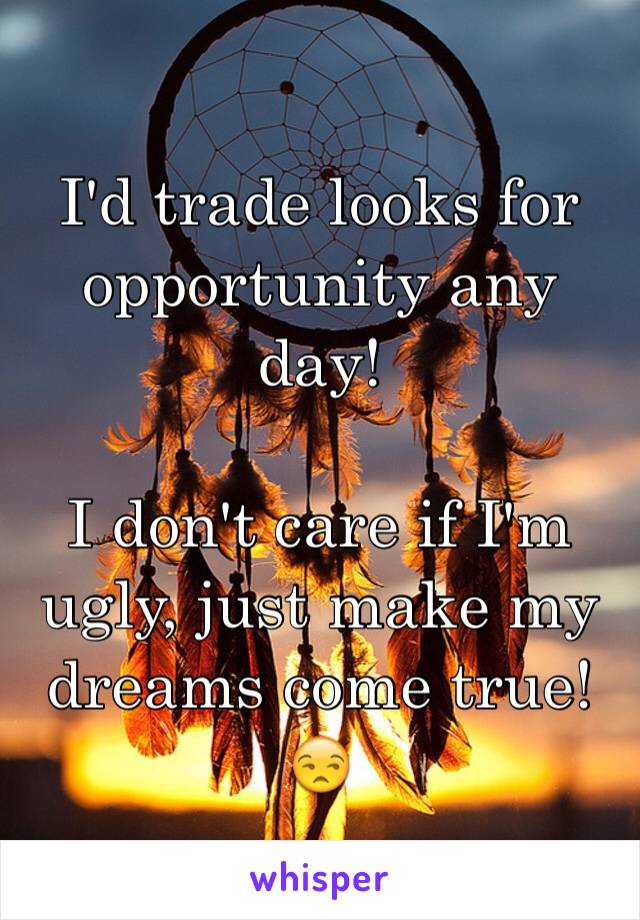 I'd trade looks for opportunity any day!

I don't care if I'm ugly, just make my dreams come true!
😒