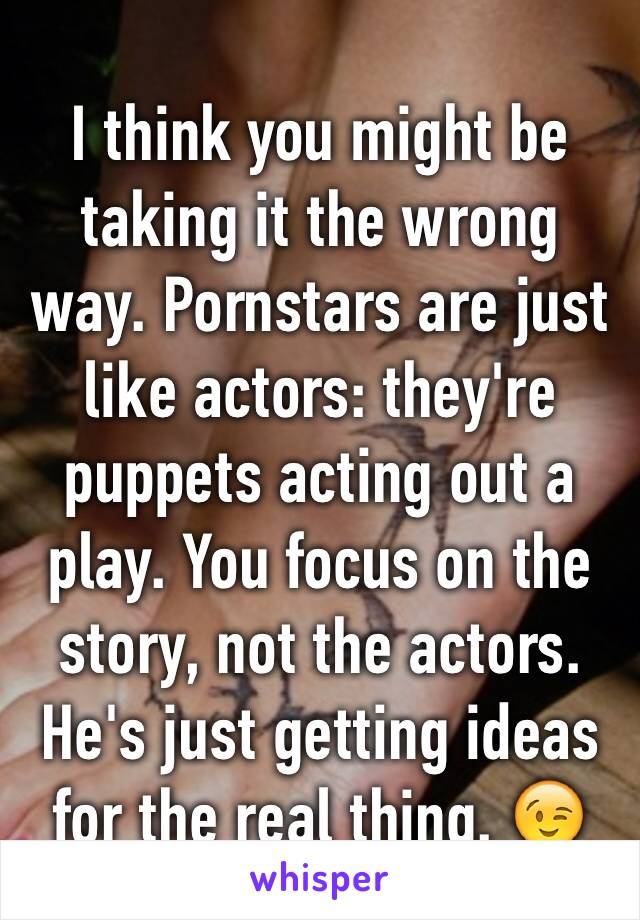 I think you might be taking it the wrong way. Pornstars are just like actors: they're puppets acting out a play. You focus on the story, not the actors. He's just getting ideas for the real thing. 😉