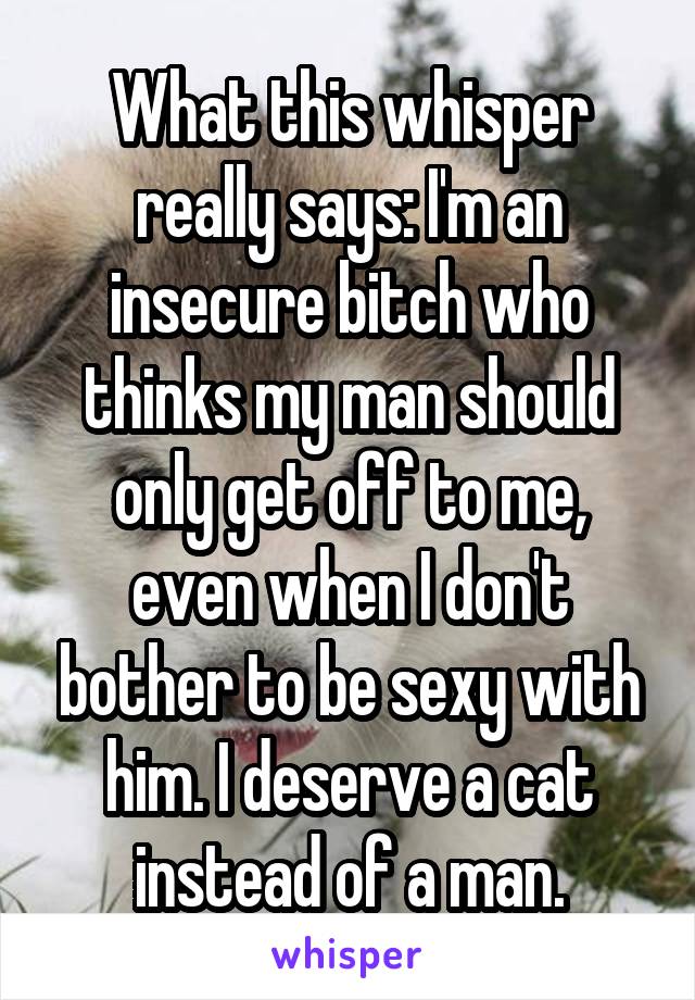 What this whisper really says: I'm an insecure bitch who thinks my man should only get off to me, even when I don't bother to be sexy with him. I deserve a cat instead of a man.