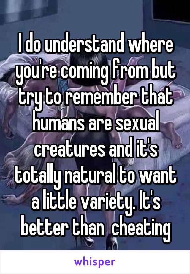 I do understand where you're coming from but try to remember that humans are sexual creatures and it's totally natural to want a little variety. It's better than  cheating