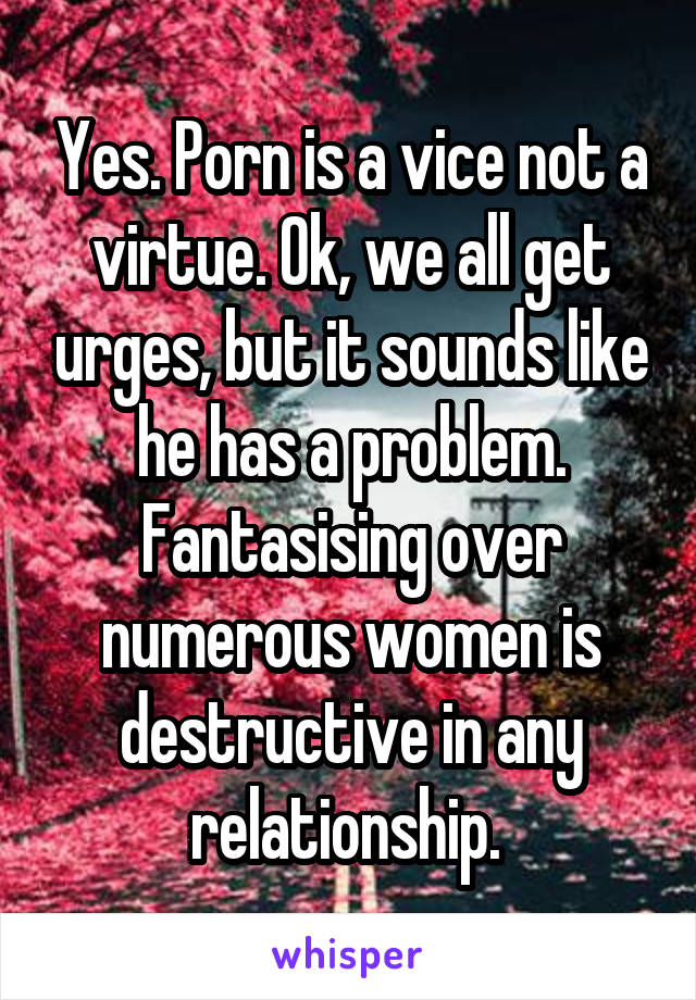 Yes. Porn is a vice not a virtue. Ok, we all get urges, but it sounds like he has a problem. Fantasising over numerous women is destructive in any relationship. 