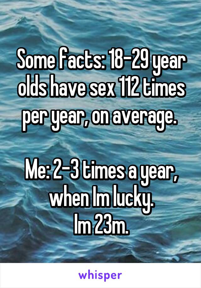 Some facts: 18-29 year olds have sex 112 times per year, on average. 

Me: 2-3 times a year, when Im lucky.
Im 23m.