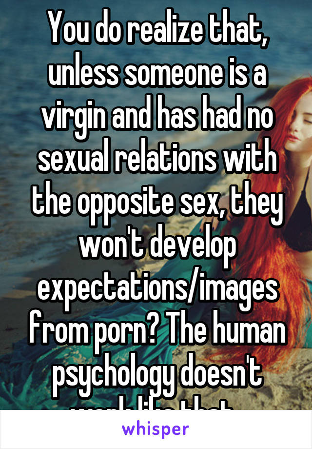 You do realize that, unless someone is a virgin and has had no sexual relations with the opposite sex, they won't develop expectations/images from porn? The human psychology doesn't work like that. 