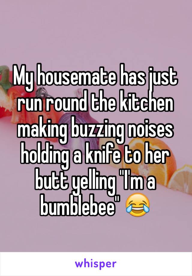 My housemate has just run round the kitchen making buzzing noises holding a knife to her butt yelling "I'm a bumblebee" 😂