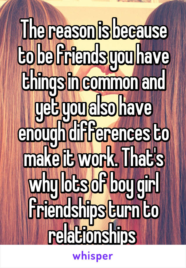The reason is because to be friends you have things in common and yet you also have enough differences to make it work. That's why lots of boy girl friendships turn to relationships 