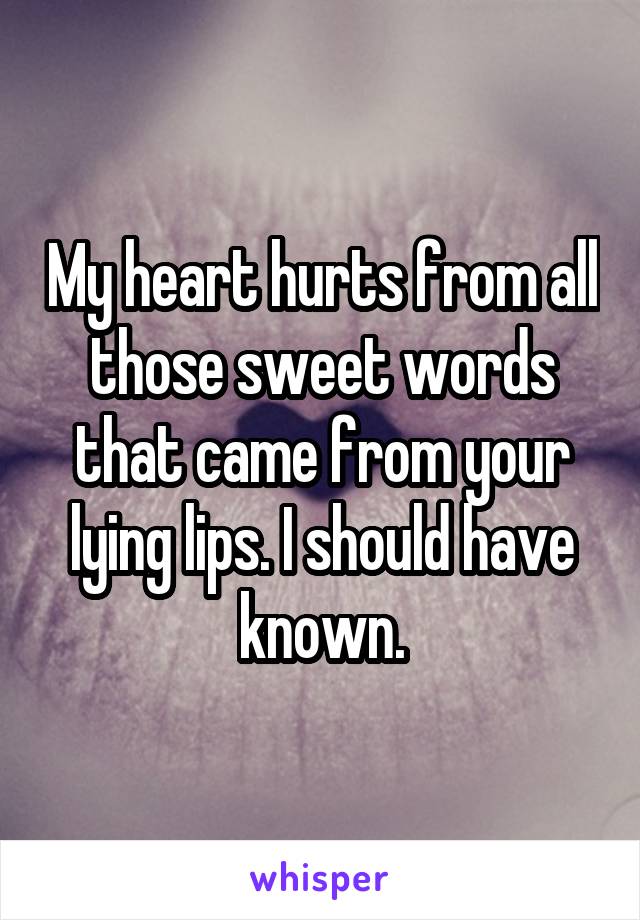 My heart hurts from all those sweet words that came from your lying lips. I should have known.