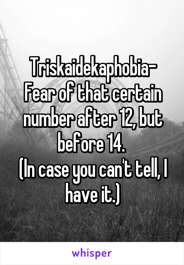 Triskaidekaphobia-
Fear of that certain number after 12, but before 14. 
(In case you can't tell, I have it.)