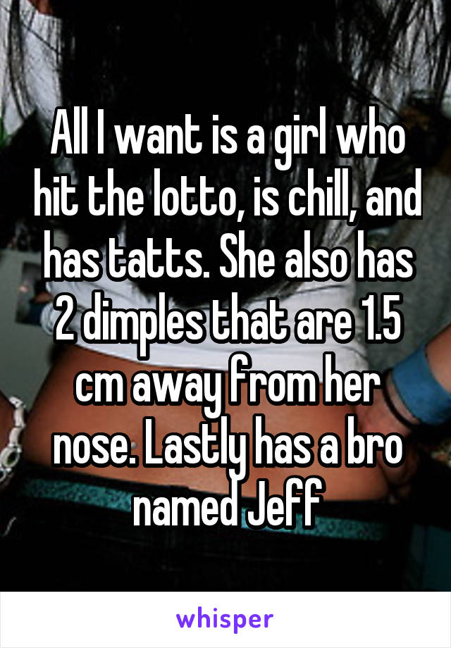 All I want is a girl who hit the lotto, is chill, and has tatts. She also has 2 dimples that are 1.5 cm away from her nose. Lastly has a bro named Jeff