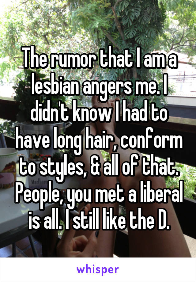 The rumor that I am a lesbian angers me. I didn't know I had to have long hair, conform to styles, & all of that. People, you met a liberal is all. I still like the D.