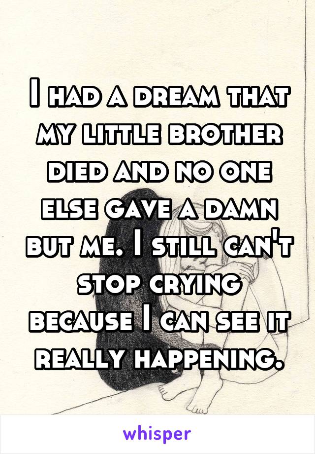 I had a dream that my little brother died and no one else gave a damn but me. I still can't stop crying because I can see it really happening.