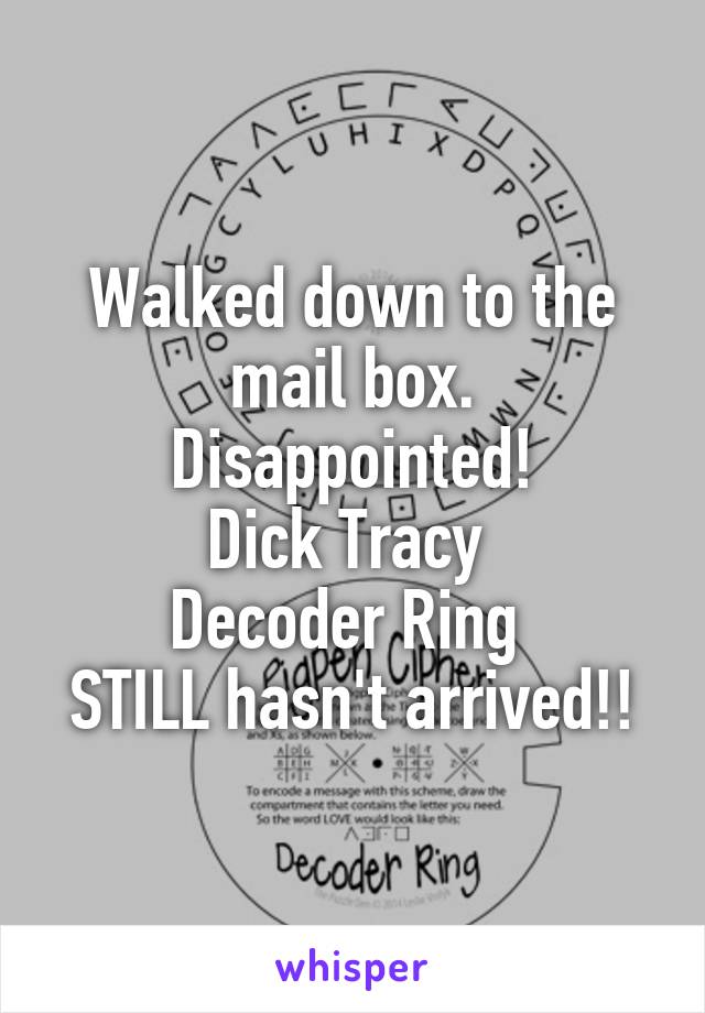 Walked down to the mail box.
Disappointed!
Dick Tracy 
Decoder Ring 
STILL hasn't arrived!!