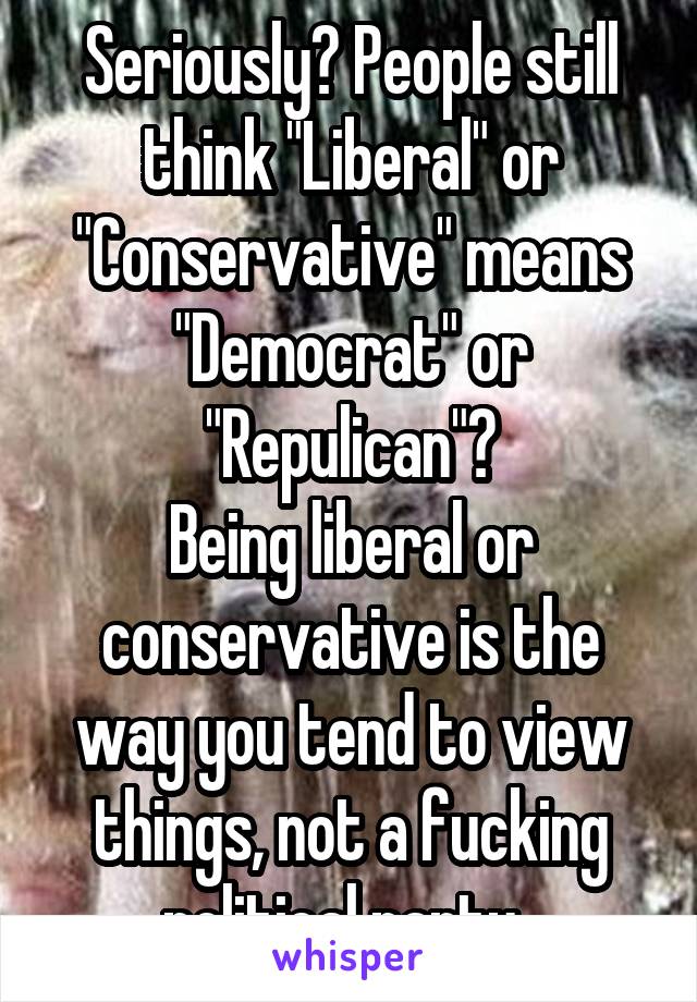 Seriously? People still think "Liberal" or "Conservative" means "Democrat" or "Repulican"?
Being liberal or conservative is the way you tend to view things, not a fucking political party..