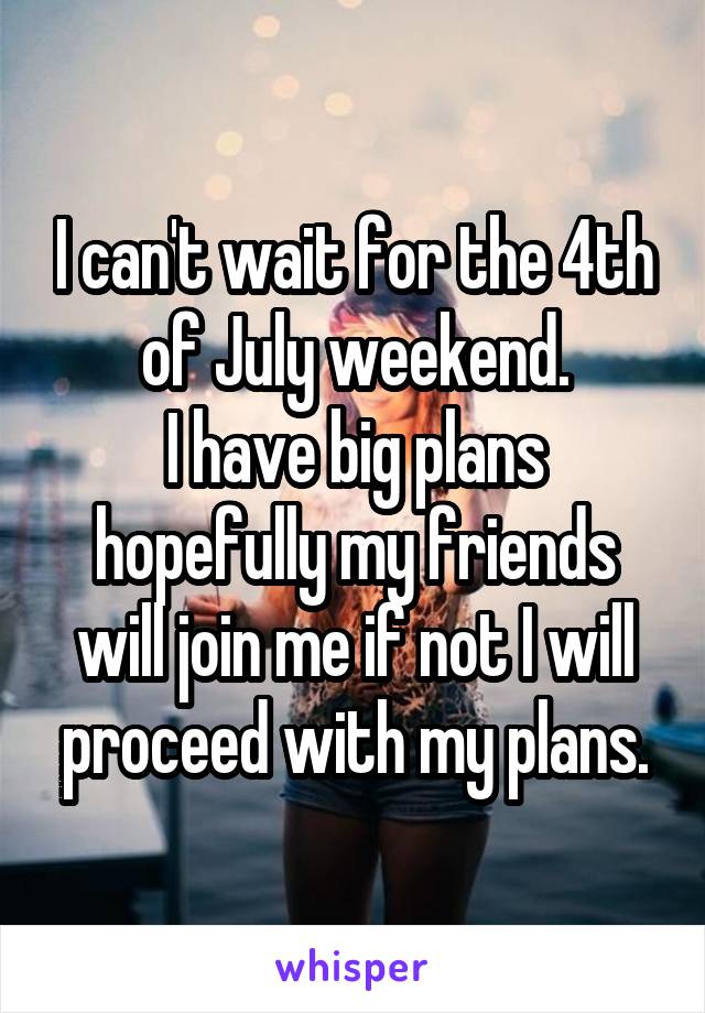 I can't wait for the 4th of July weekend.
I have big plans hopefully my friends will join me if not I will proceed with my plans.