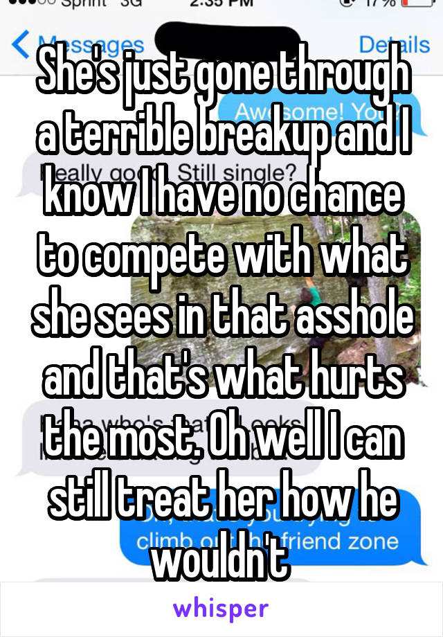 She's just gone through a terrible breakup and I know I have no chance to compete with what she sees in that asshole and that's what hurts the most. Oh well I can still treat her how he wouldn't 