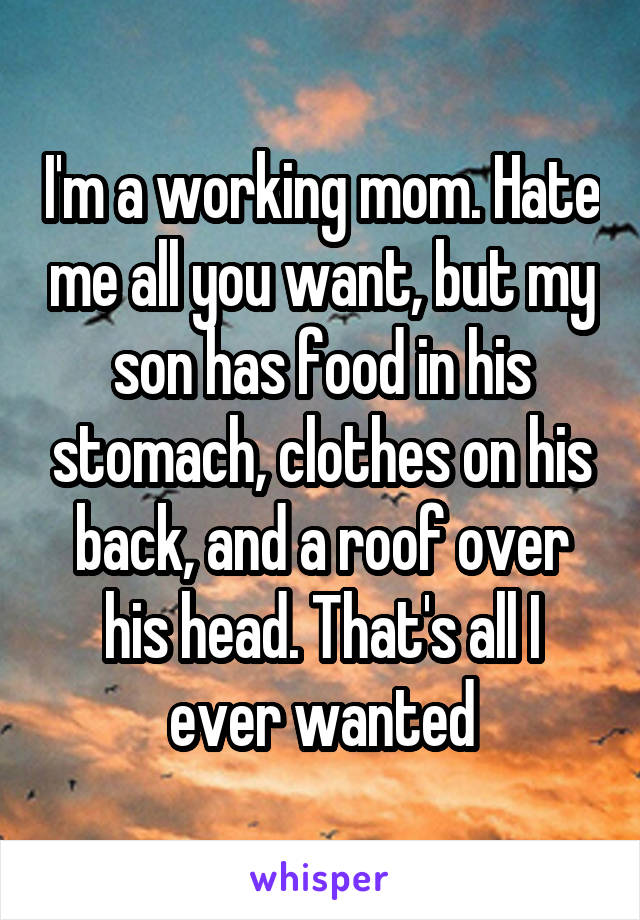 I'm a working mom. Hate me all you want, but my son has food in his stomach, clothes on his back, and a roof over his head. That's all I ever wanted