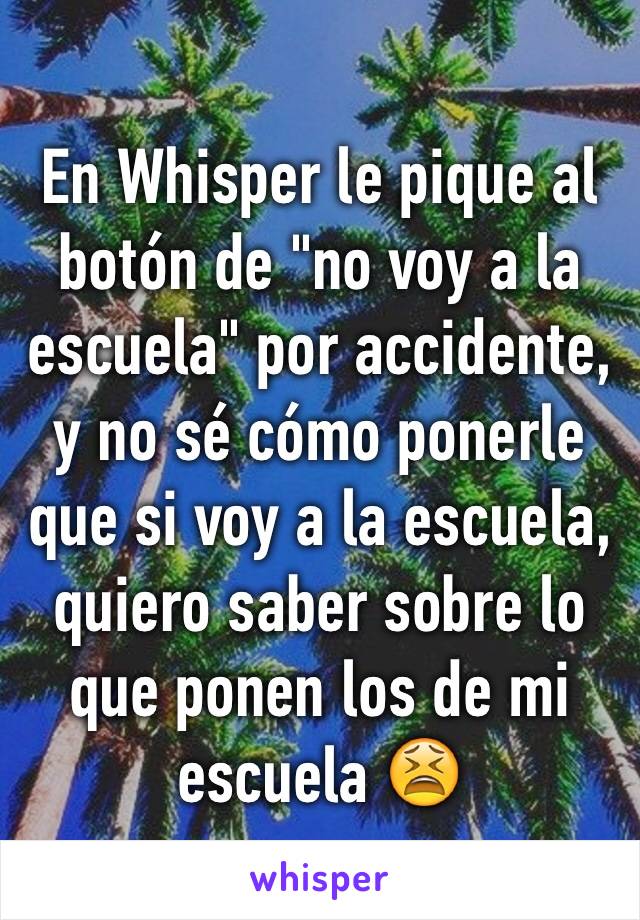 En Whisper le pique al botón de "no voy a la escuela" por accidente, y no sé cómo ponerle que si voy a la escuela, quiero saber sobre lo que ponen los de mi escuela 😫