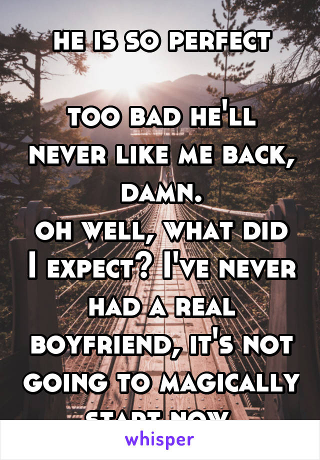 he is so perfect

too bad he'll never like me back, damn.
oh well, what did I expect? I've never had a real boyfriend, it's not going to magically start now.