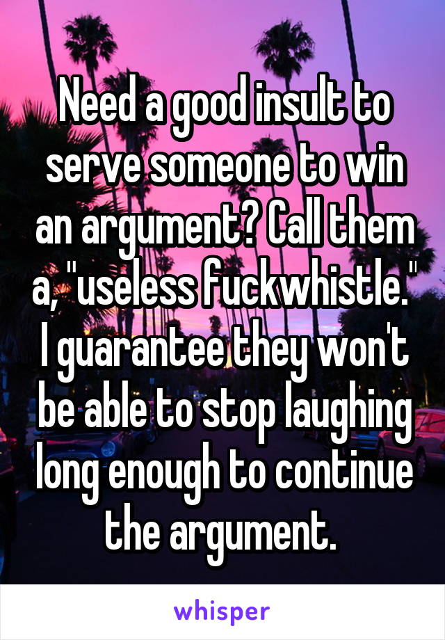 Need a good insult to serve someone to win an argument? Call them a, "useless fuckwhistle." I guarantee they won't be able to stop laughing long enough to continue the argument. 