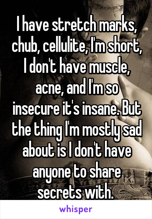 I have stretch marks, chub, cellulite, I'm short, I don't have muscle, acne, and I'm so insecure it's insane. But the thing I'm mostly sad about is I don't have anyone to share secrets with. 