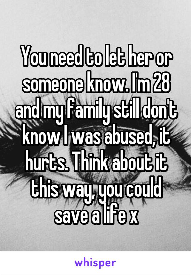 You need to let her or someone know. I'm 28 and my family still don't know I was abused, it hurts. Think about it this way, you could save a life x
